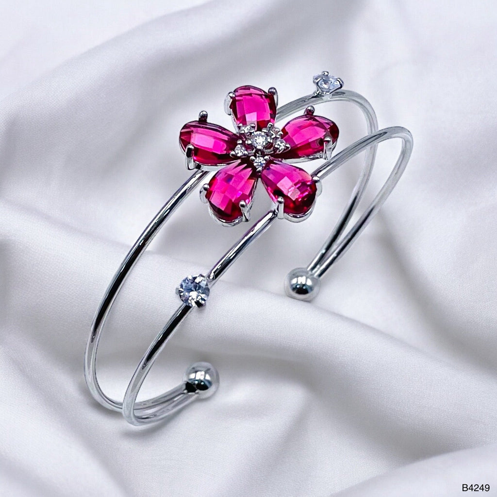 Flower White Silver CZ Copper Anti Tarnish Cuff Bracelet Bulk