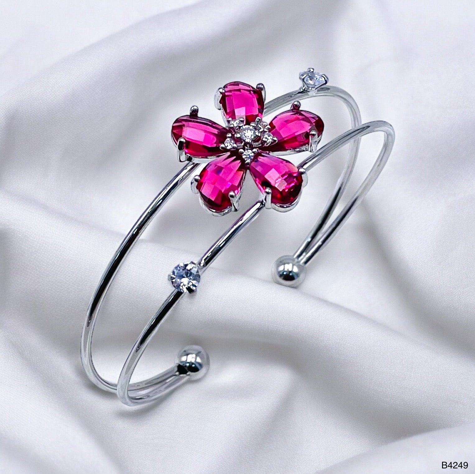 Flower White Silver CZ Copper Anti Tarnish Cuff Bracelet Bulk