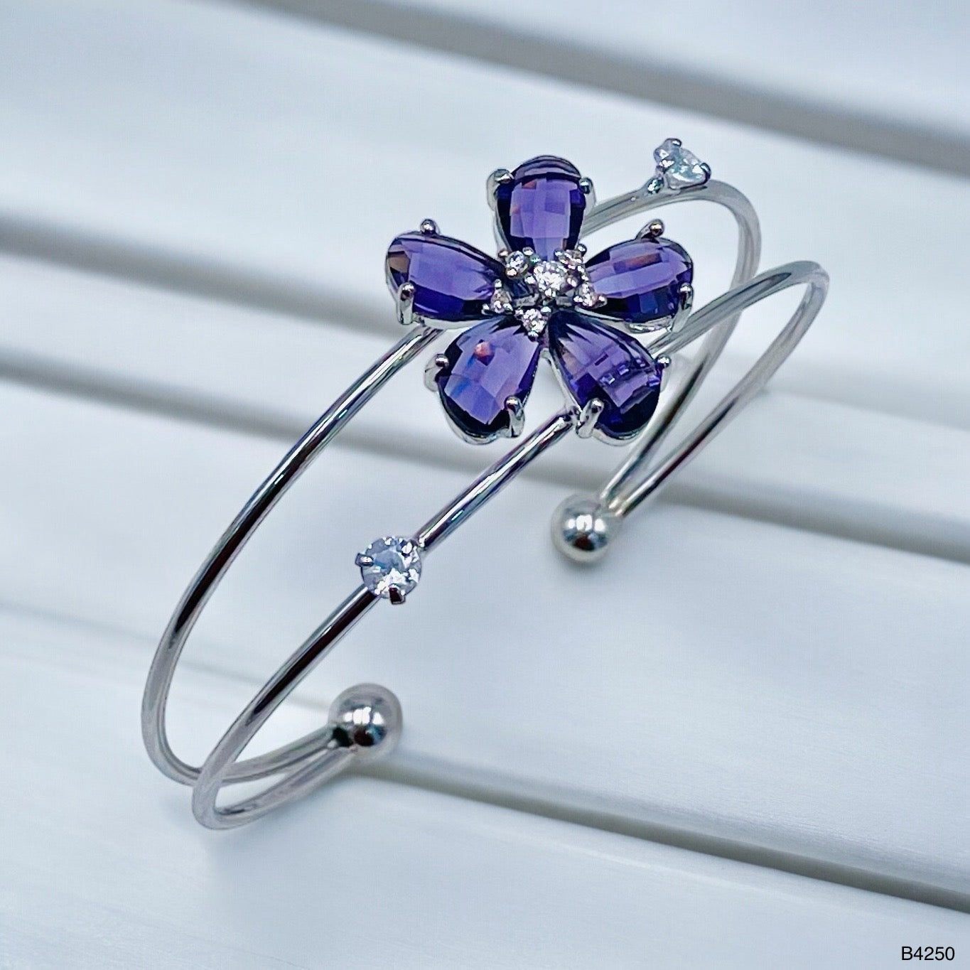 Flower White Silver CZ Copper Anti Tarnish Cuff Bracelet Bulk