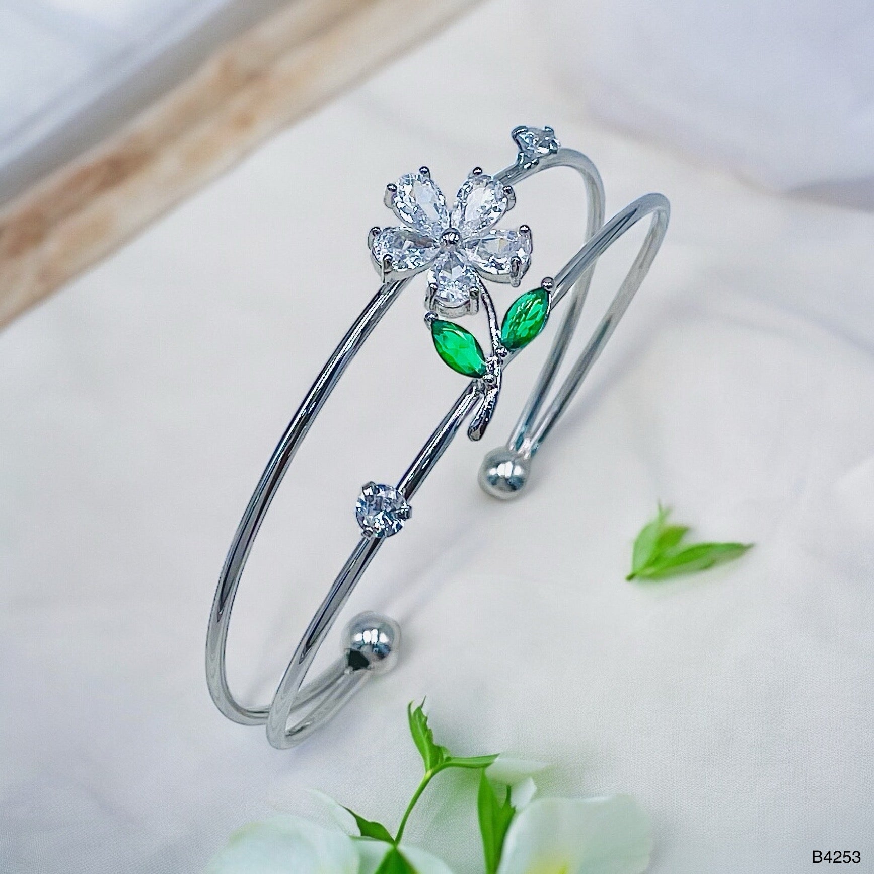 Flower Leaf White Silver Green CZ Anti Tarnish Cuff Bracelet Bulk