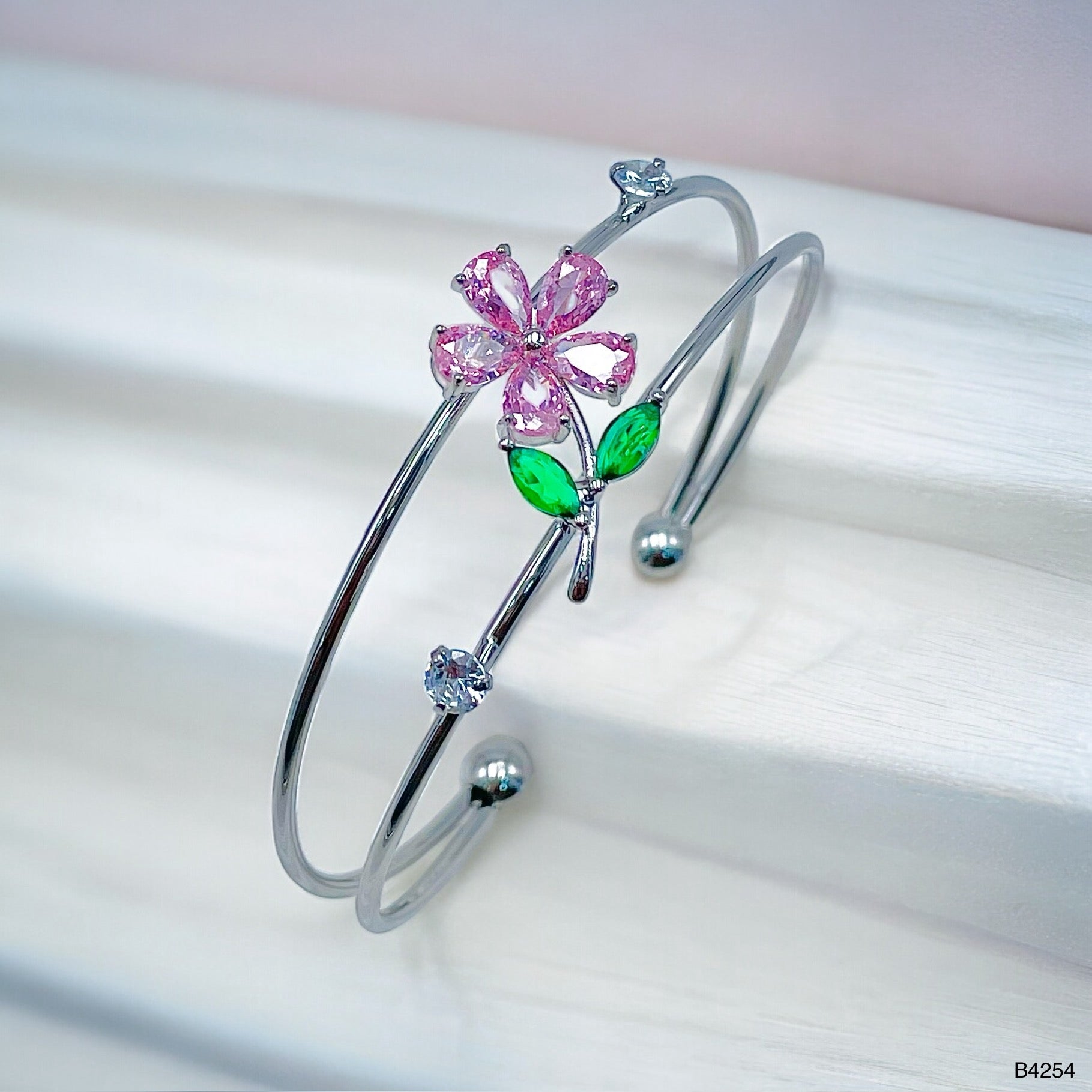 Flower Leaf White Silver Green CZ Anti Tarnish Cuff Bracelet Bulk