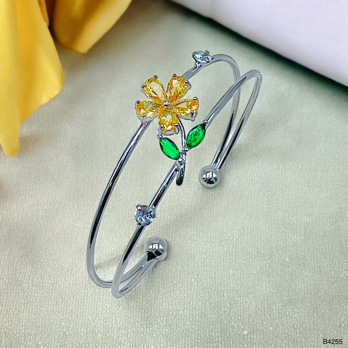 Flower Leaf White Silver Green CZ Anti Tarnish Cuff Bracelet Bulk