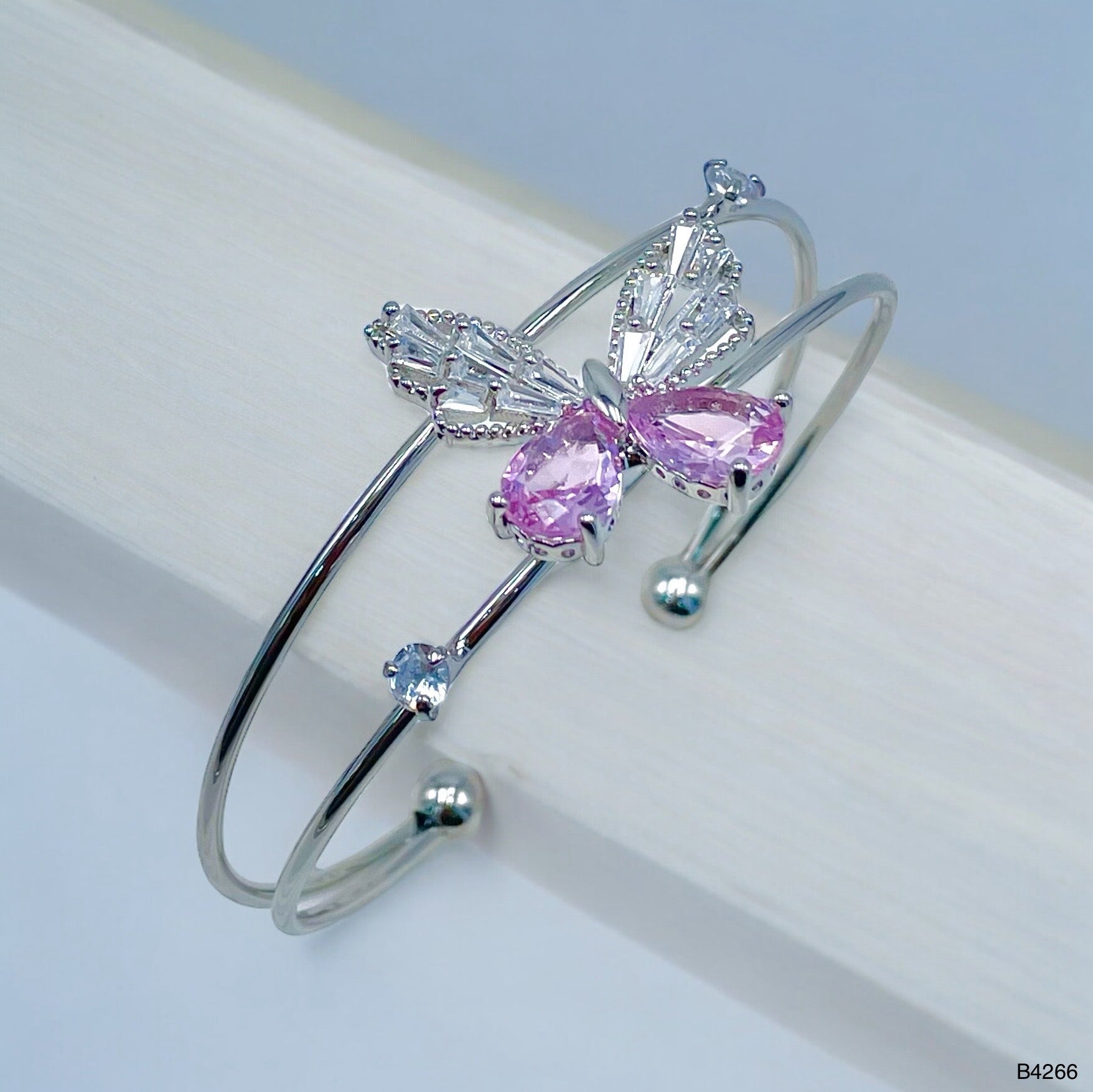 Baguette Butterfly White Silver CZ Anti Tarnish Cuff Bracelet Bulk