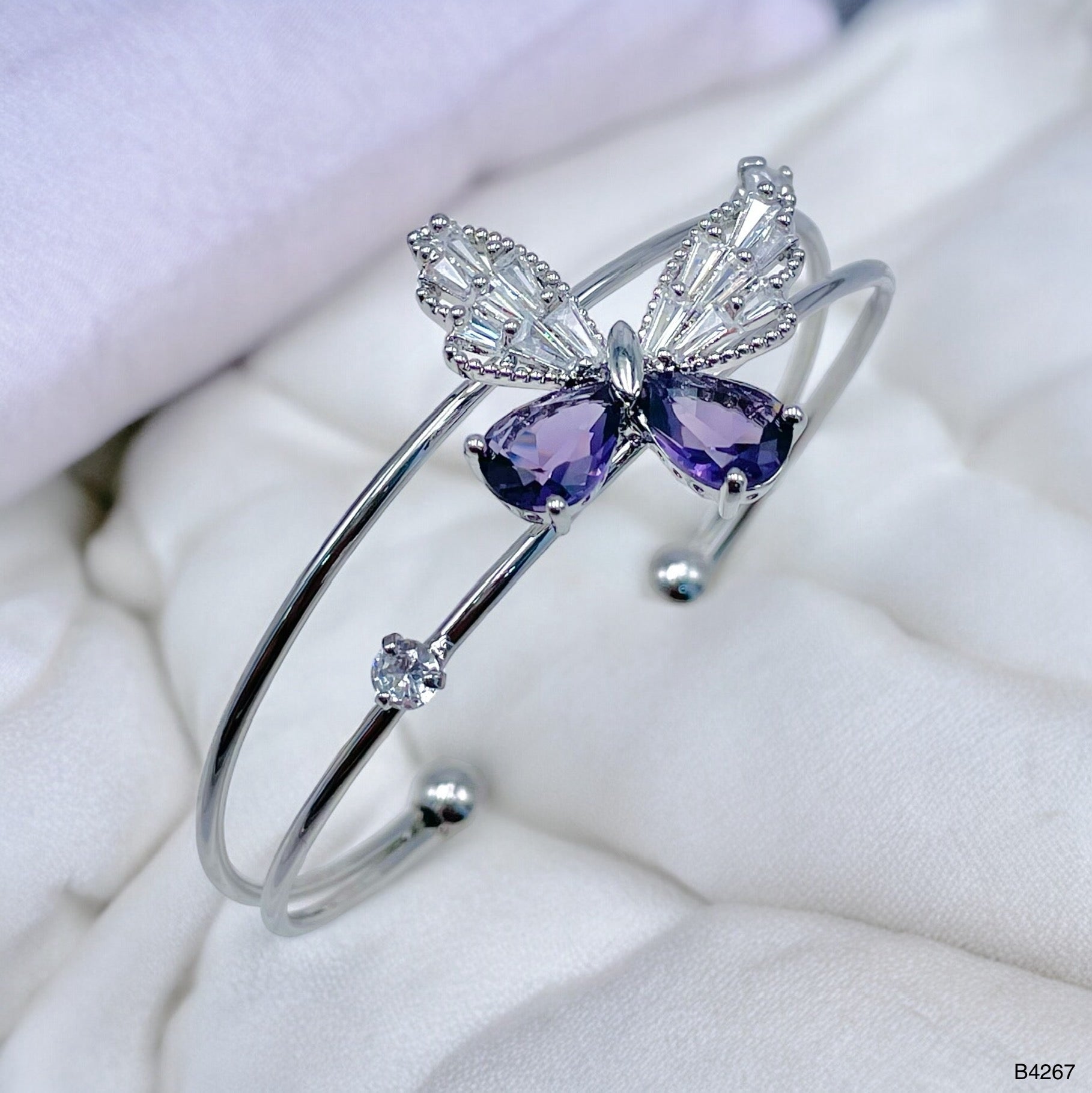 Baguette Butterfly White Silver CZ Anti Tarnish Cuff Bracelet Bulk