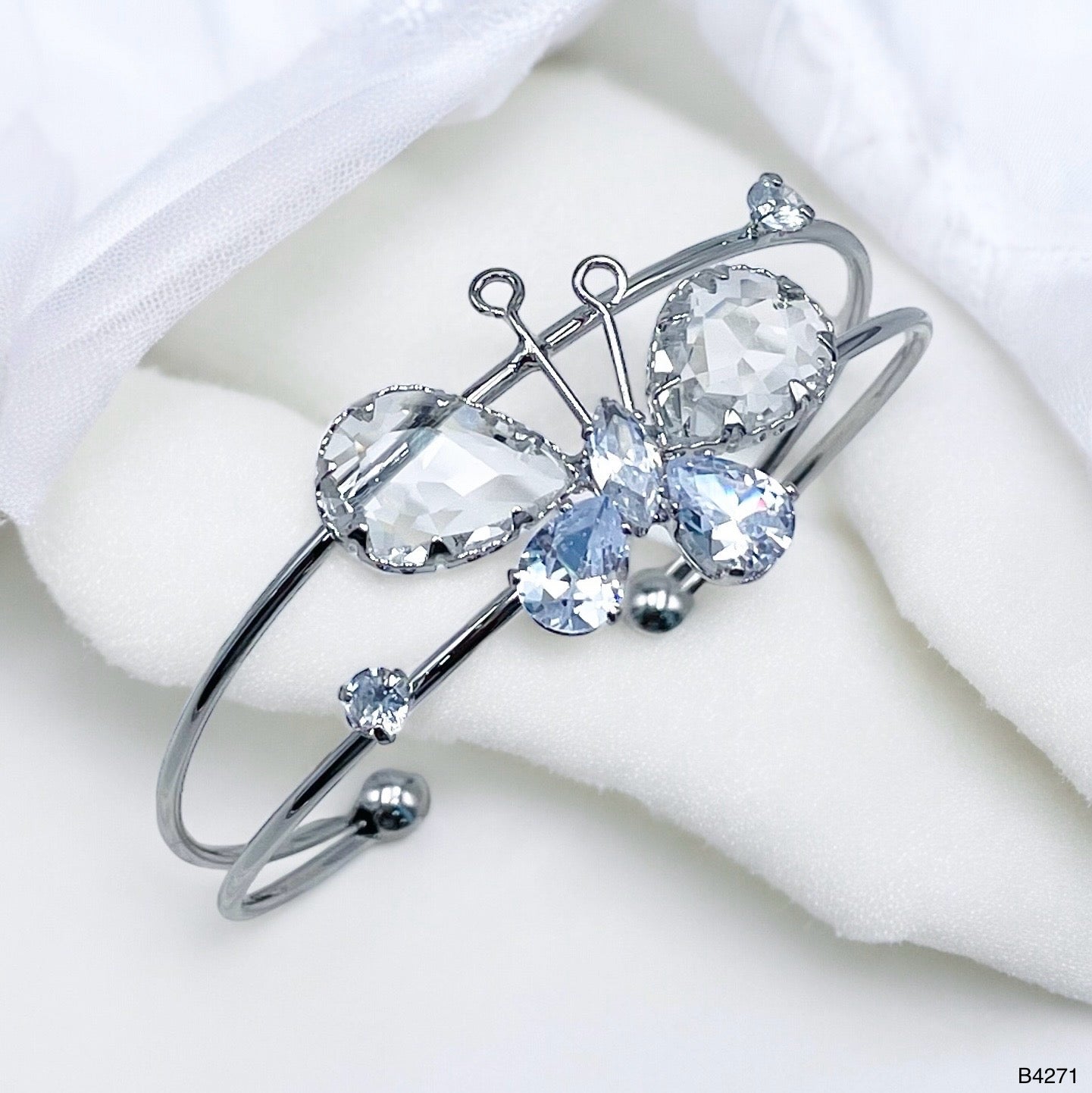 Butterfly White Silver CZ Copper Anti Tarnish Cuff Bracelet Bulk Main image