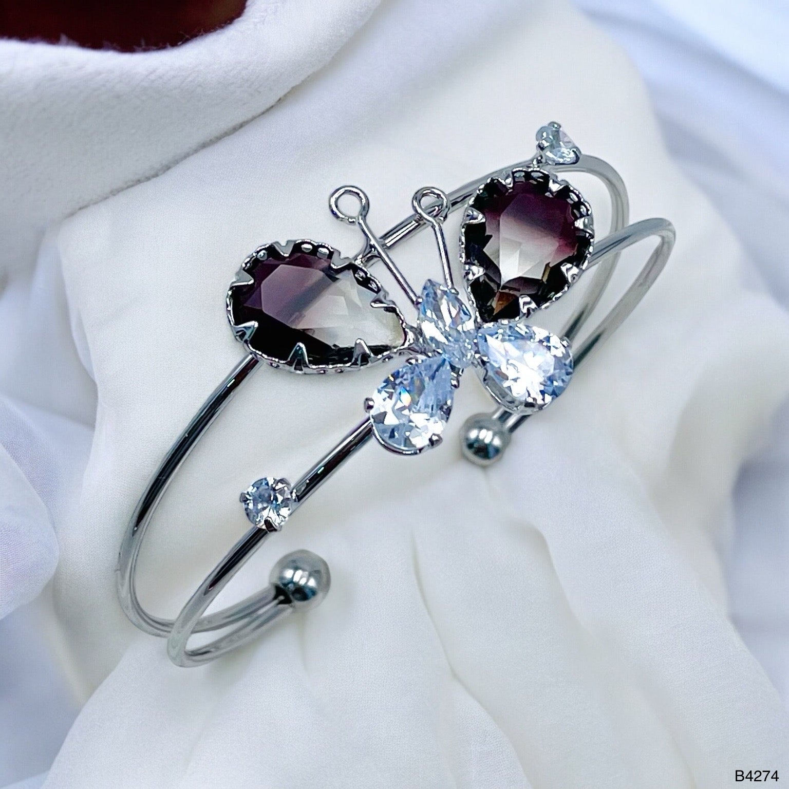 Butterfly White Silver CZ Copper Anti Tarnish Cuff Bracelet Bulk