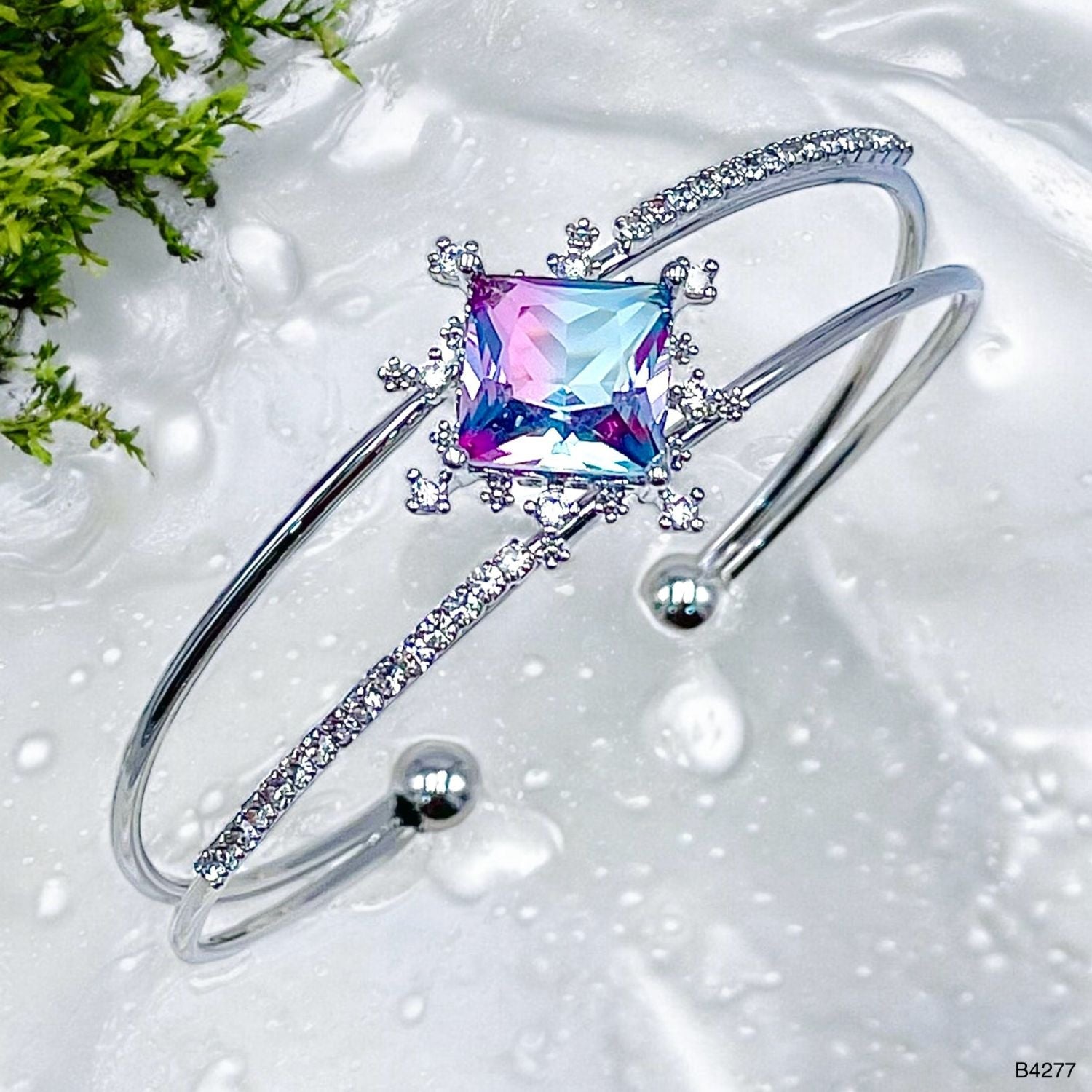 Square Solitaire Multi Silver Cubic Zirconia Crystal Anti Tarnish Cuff Bracelet For Women Main image