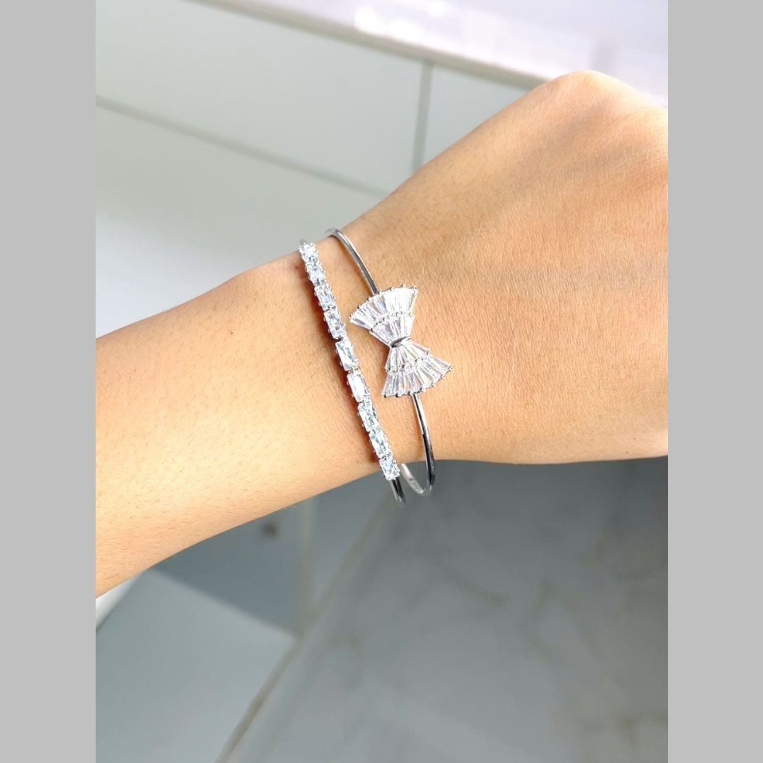 Baguette Bow Tie Silver Cubic Zirconia Anti Tarnish Cuff Bracelet Bulk