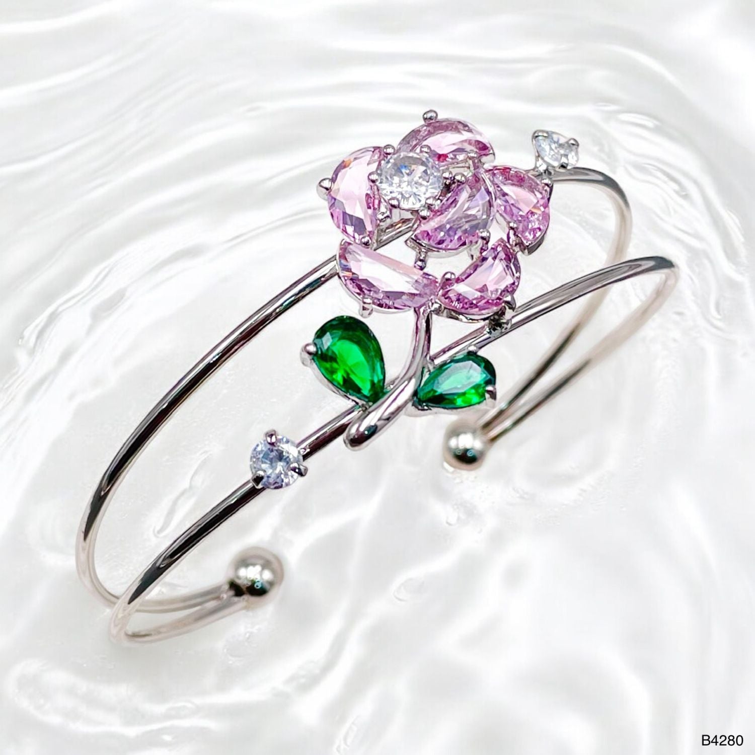 Flower Green Silver CZ Crystal Anti Tarnish Cuff Bracelet Bulk Secondary image
