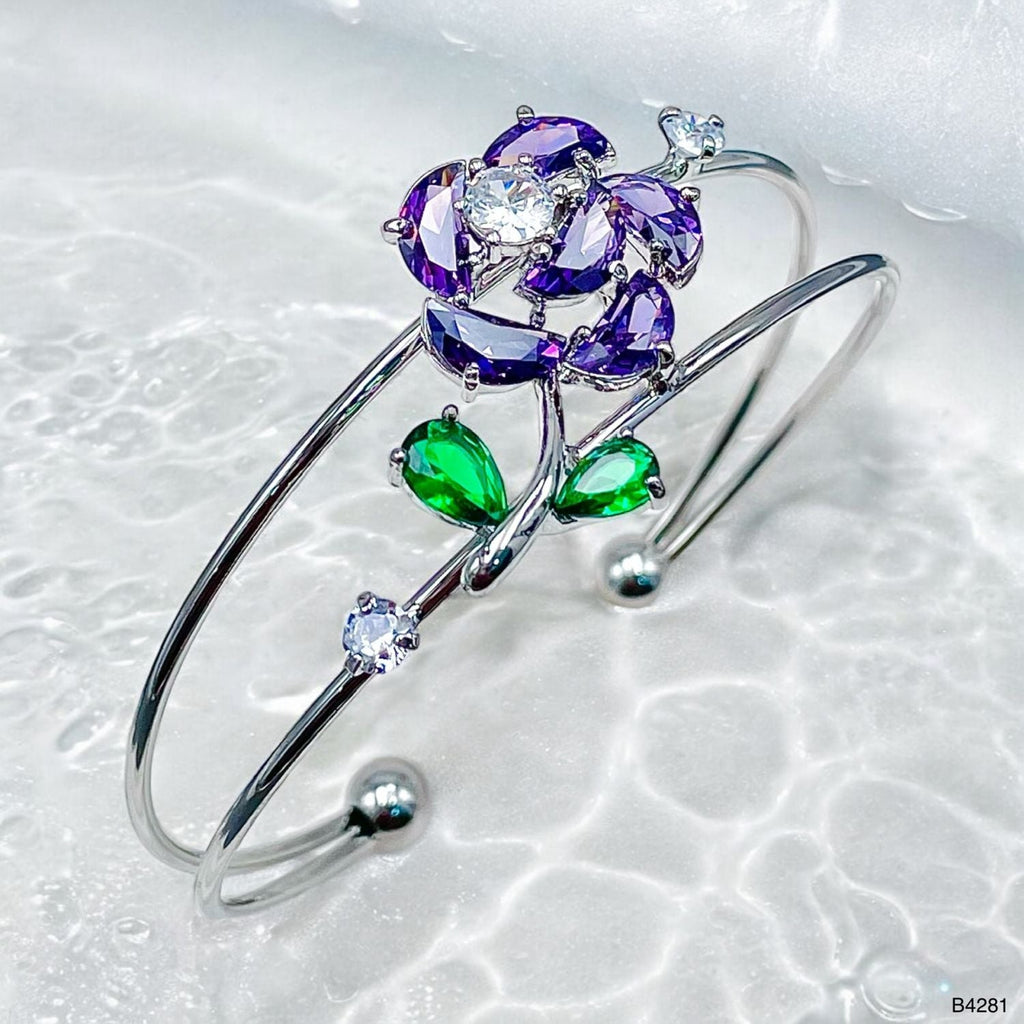 Flower Green Silver CZ Crystal Anti Tarnish Cuff Bracelet Bulk
