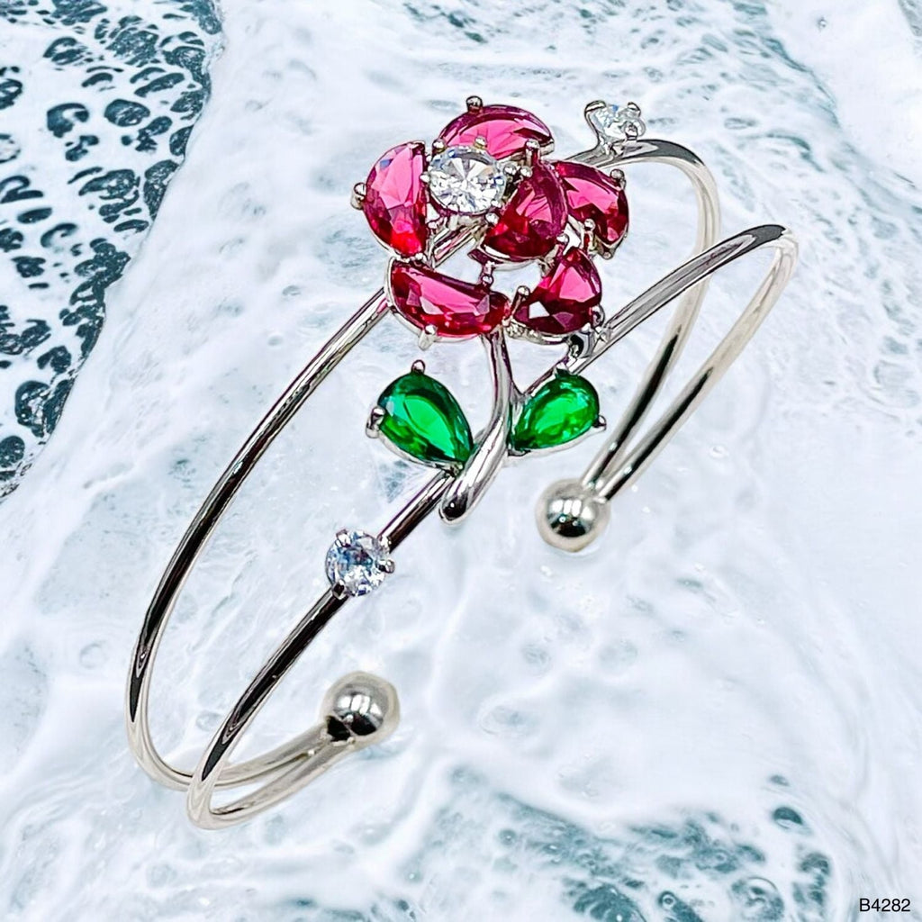 Flower Green Silver CZ Crystal Anti Tarnish Cuff Bracelet Bulk