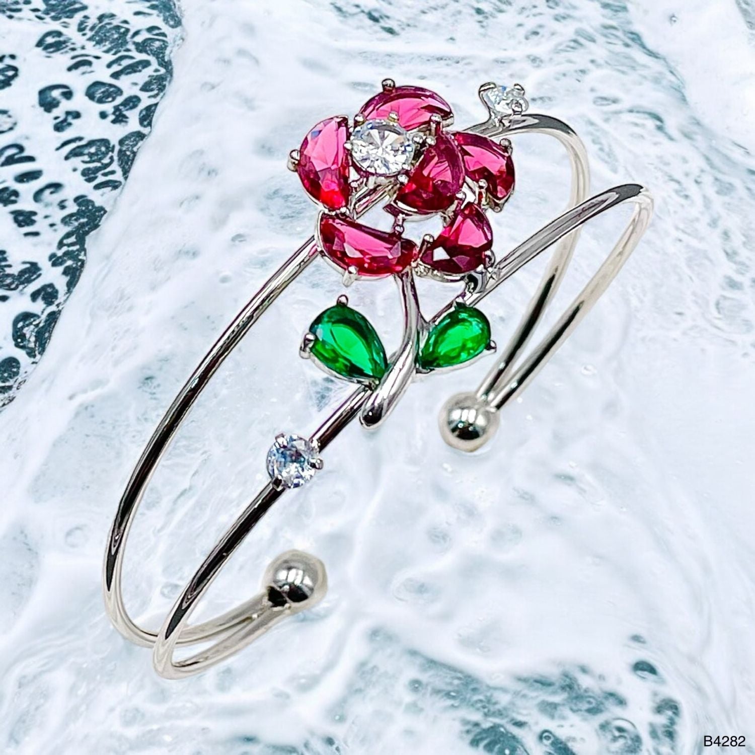 Flower Green Silver CZ Crystal Anti Tarnish Cuff Bracelet Bulk