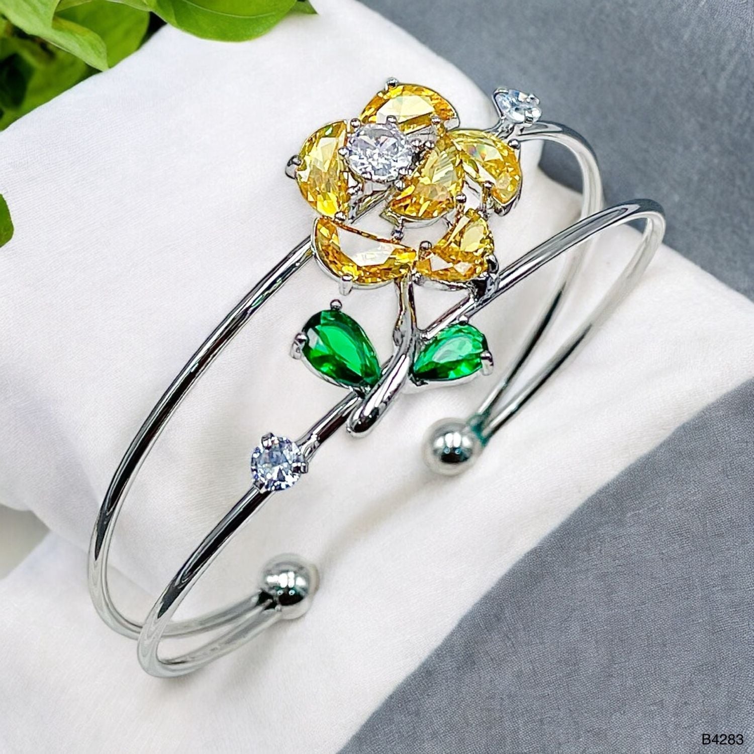Flower Green Silver CZ Crystal Anti Tarnish Cuff Bracelet Bulk