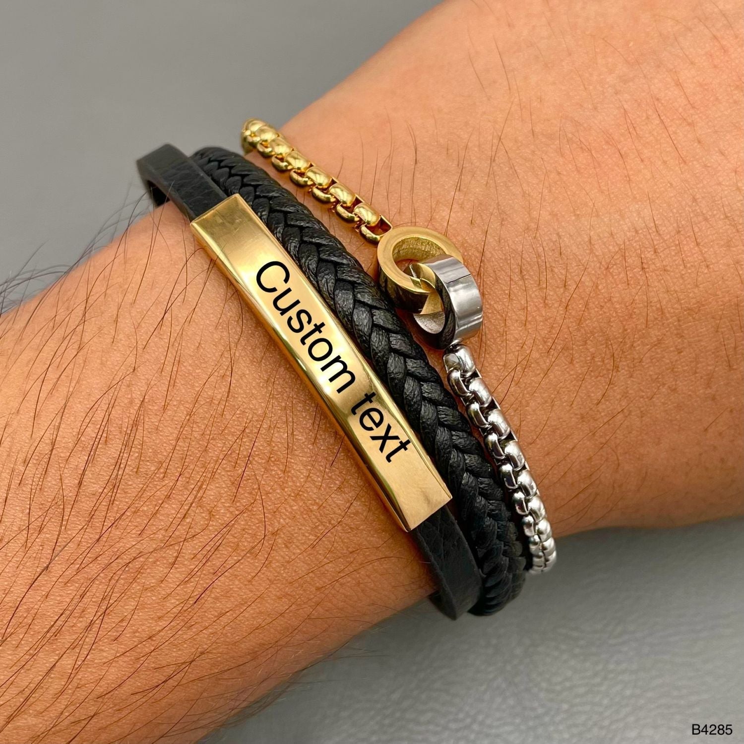 Customized Personalized Letter Rope Chain Id Black 18K Gold Stainless Steel Leather Bracelet For Men Main image