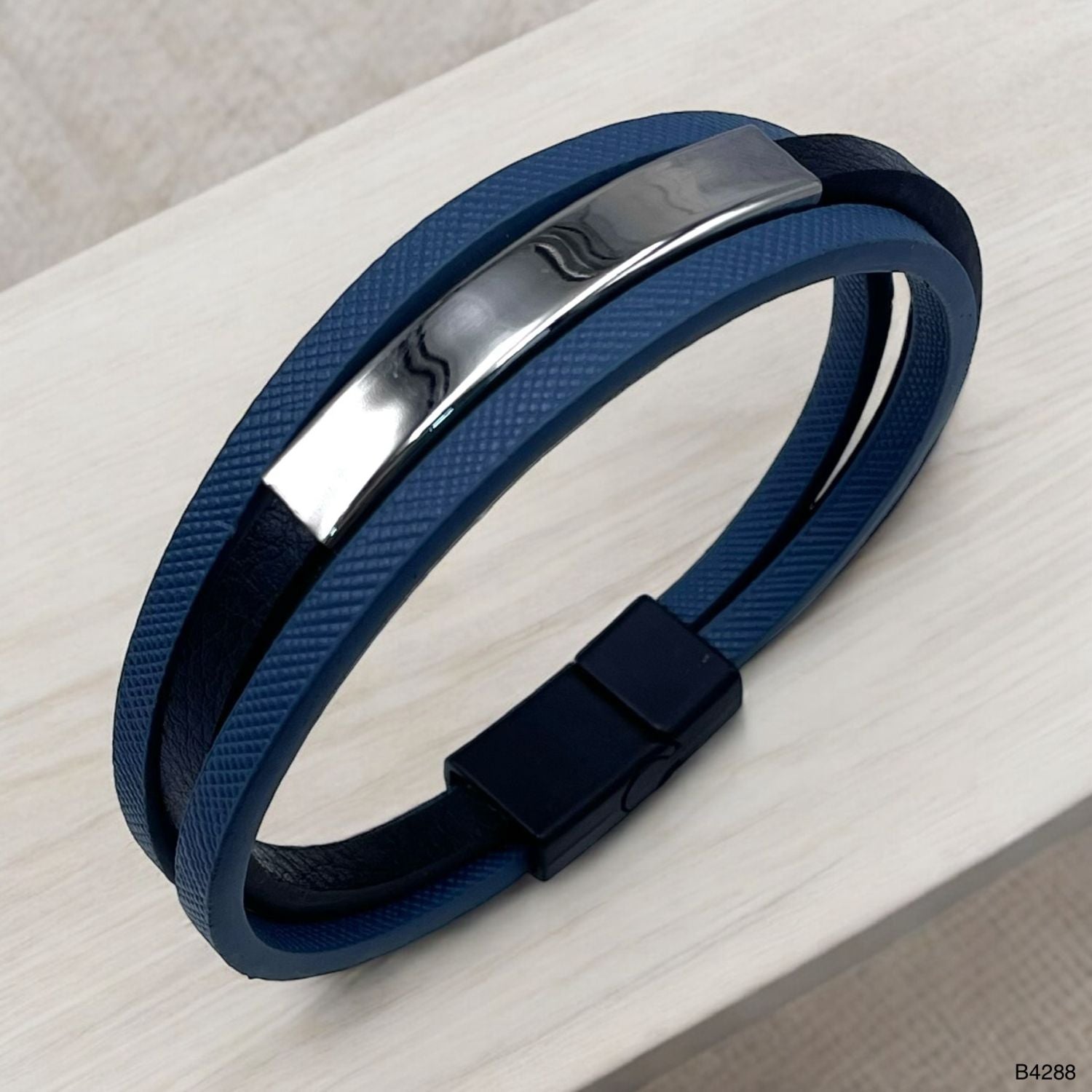 Id Layer Black Silver Vegan Leather Bracelet For Men Bulk Main image