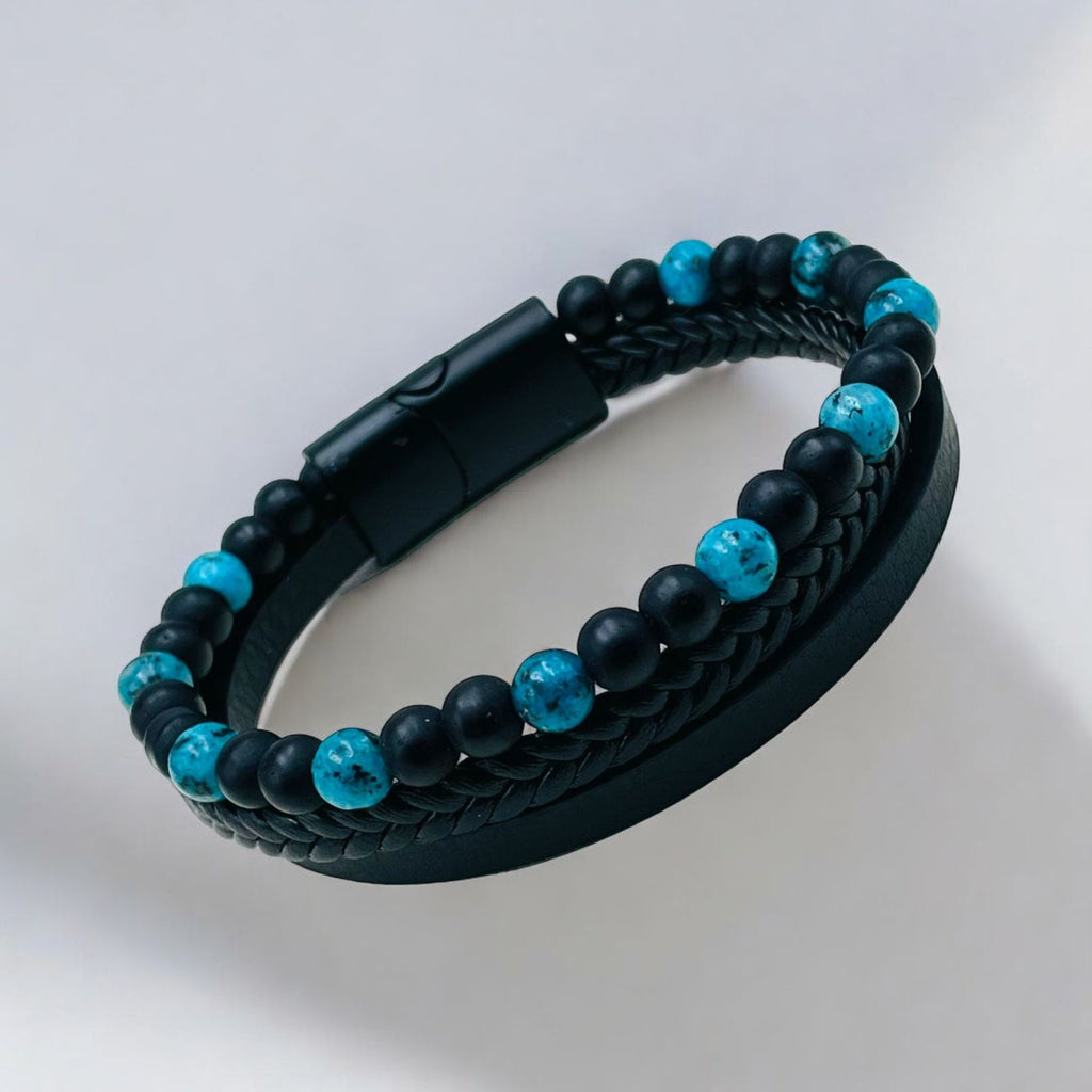 Layer Blue Black Beads Vegan Leather Bracelet For Men Bulk