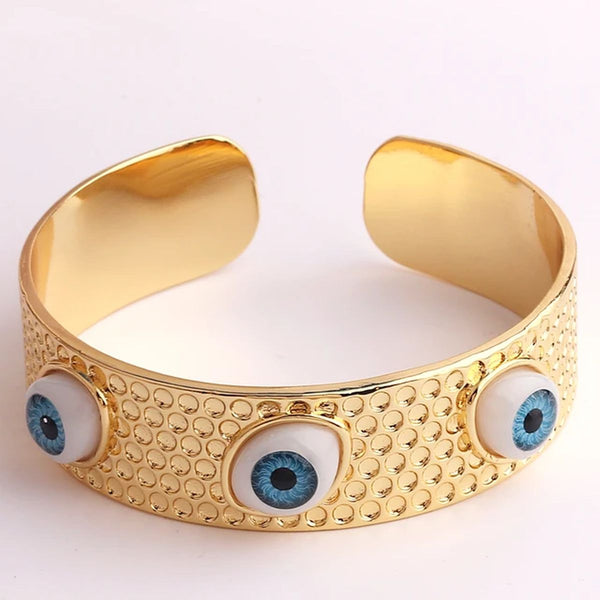 Dented Evil Eye Blue 18K Gold Beads Anti Tarnish Cuff Bracelet Bulk Main image
