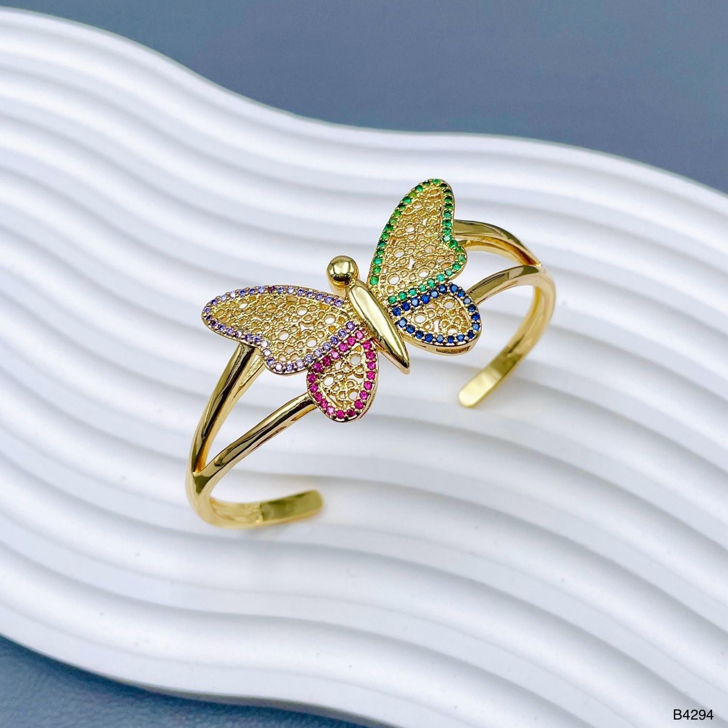 Butterfly Rainbow Multi 18K Gold Cubic Zirconia Crystal Anti Tarnish Cuff Bracelet For Women Main image