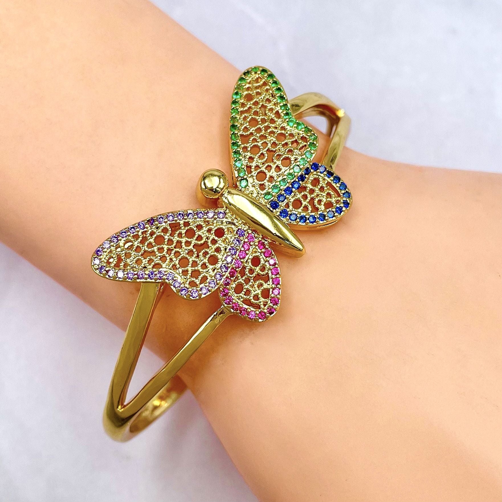 Butterfly Rainbow Multi 18K Gold Cubic Zirconia Crystal Anti Tarnish Cuff Bracelet For Women Secondary image