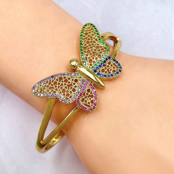 Butterfly Rainbow Multi 18K Gold Cubic Zirconia Crystal Anti Tarnish Cuff Bracelet For Women Secondary image