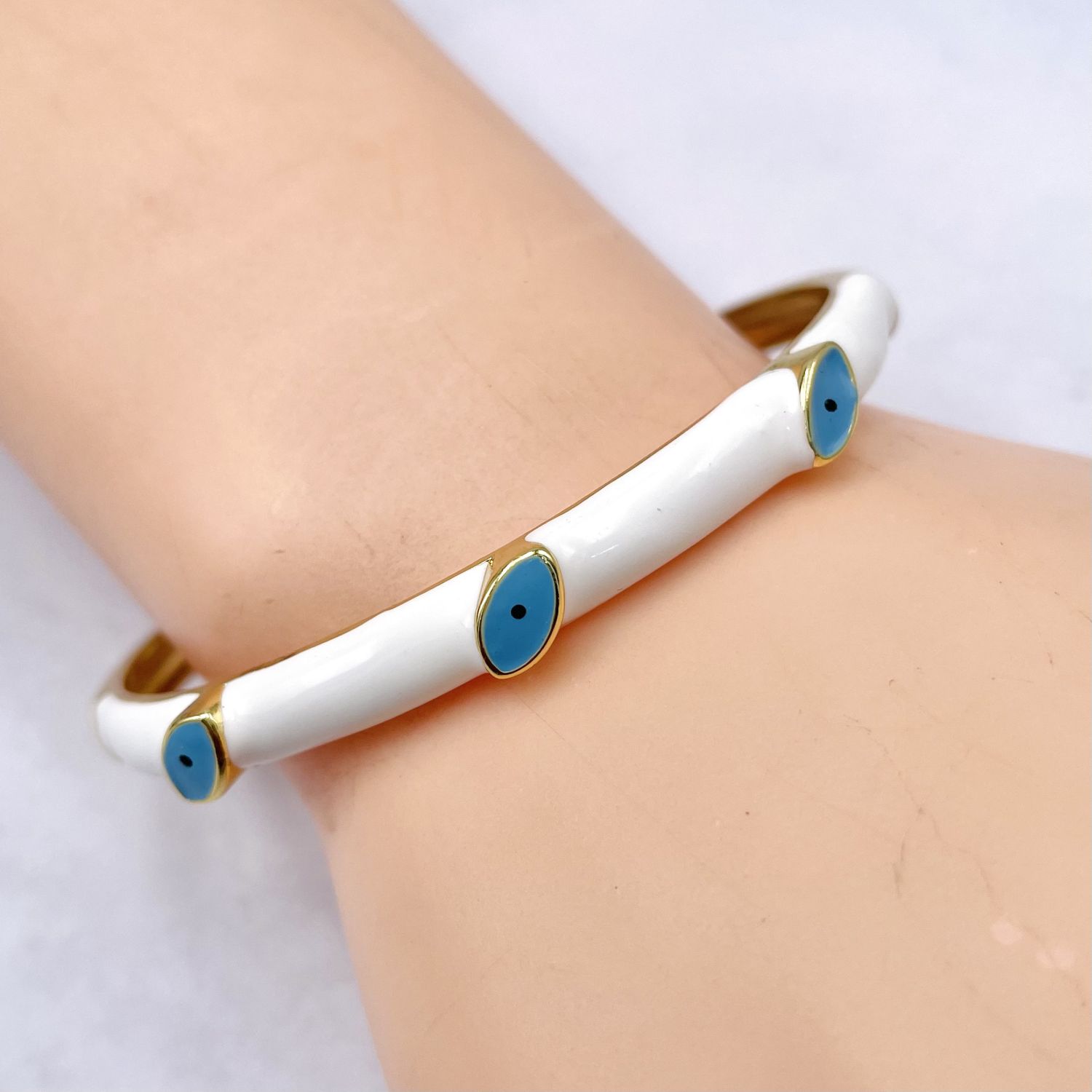 Evil Eye White 18K Gold Enamel Anti Tarnish Cuff Bracelet Women Bulk