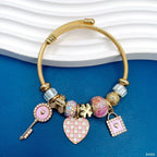 Heart Lock Chain Multi Gold Beads CZ Anti Tarnish Charm Bracelet Bulk