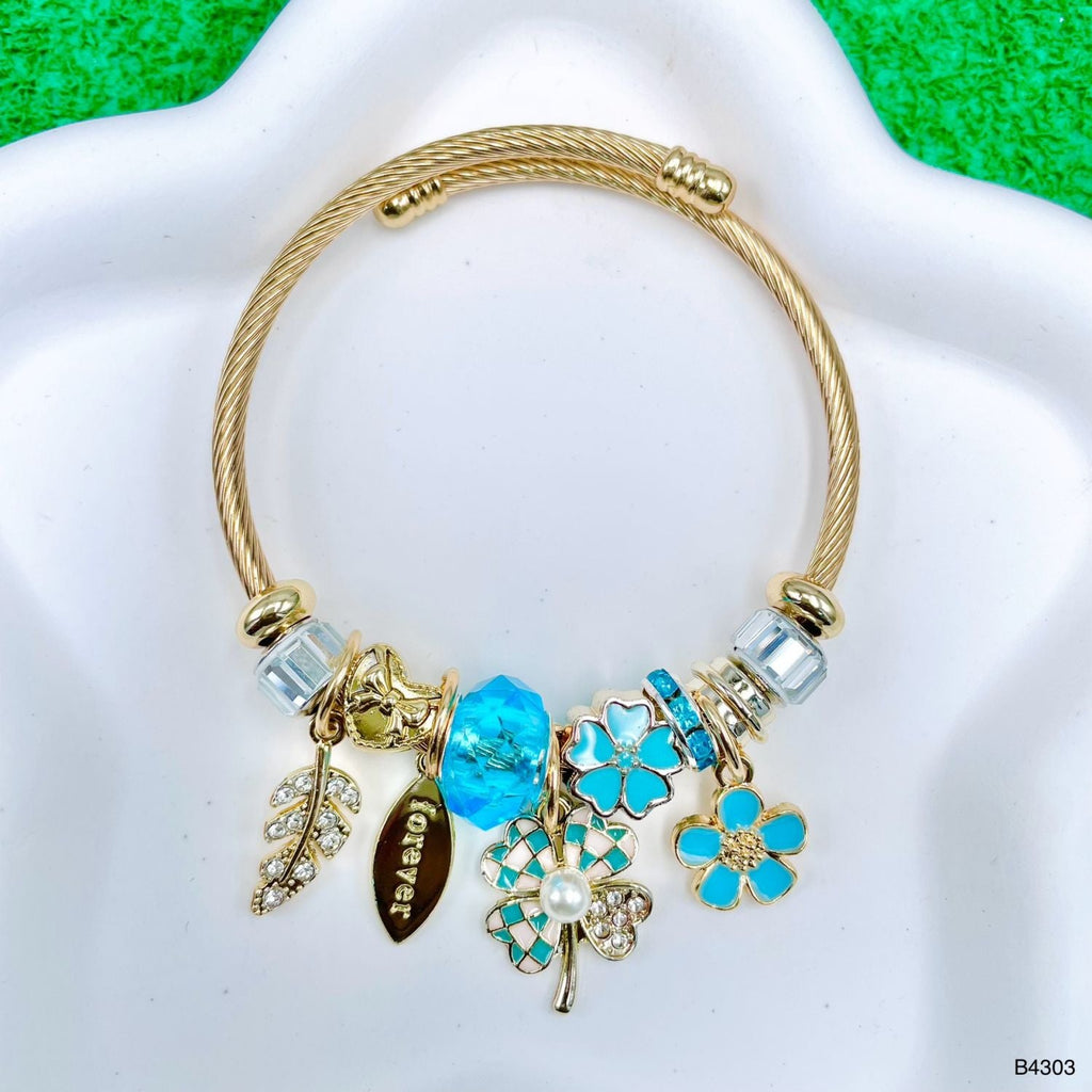 Flower Leaf Blue Gold Beads CZ Enamel Anti Tarnish Charm Bracelet Bulk