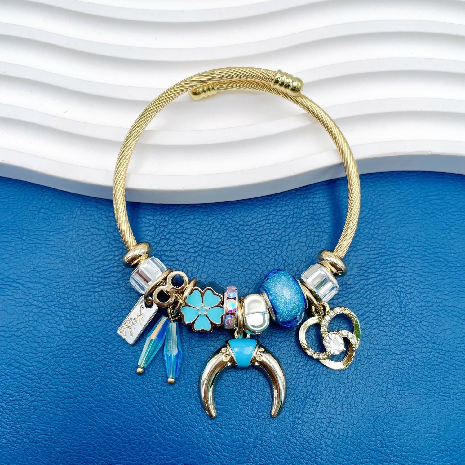 Nail Flower Blue Gold Beads CZ Enamel Anti Tarnish Charm Bracelet Bulk Main image