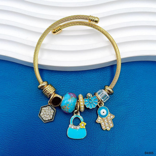 Hamsa Evil Eye Hand Bags Blue 18K Gold Beads Cubic Zirconia Enamel Anti Tarnish Charm Bracelet For Women Main image
