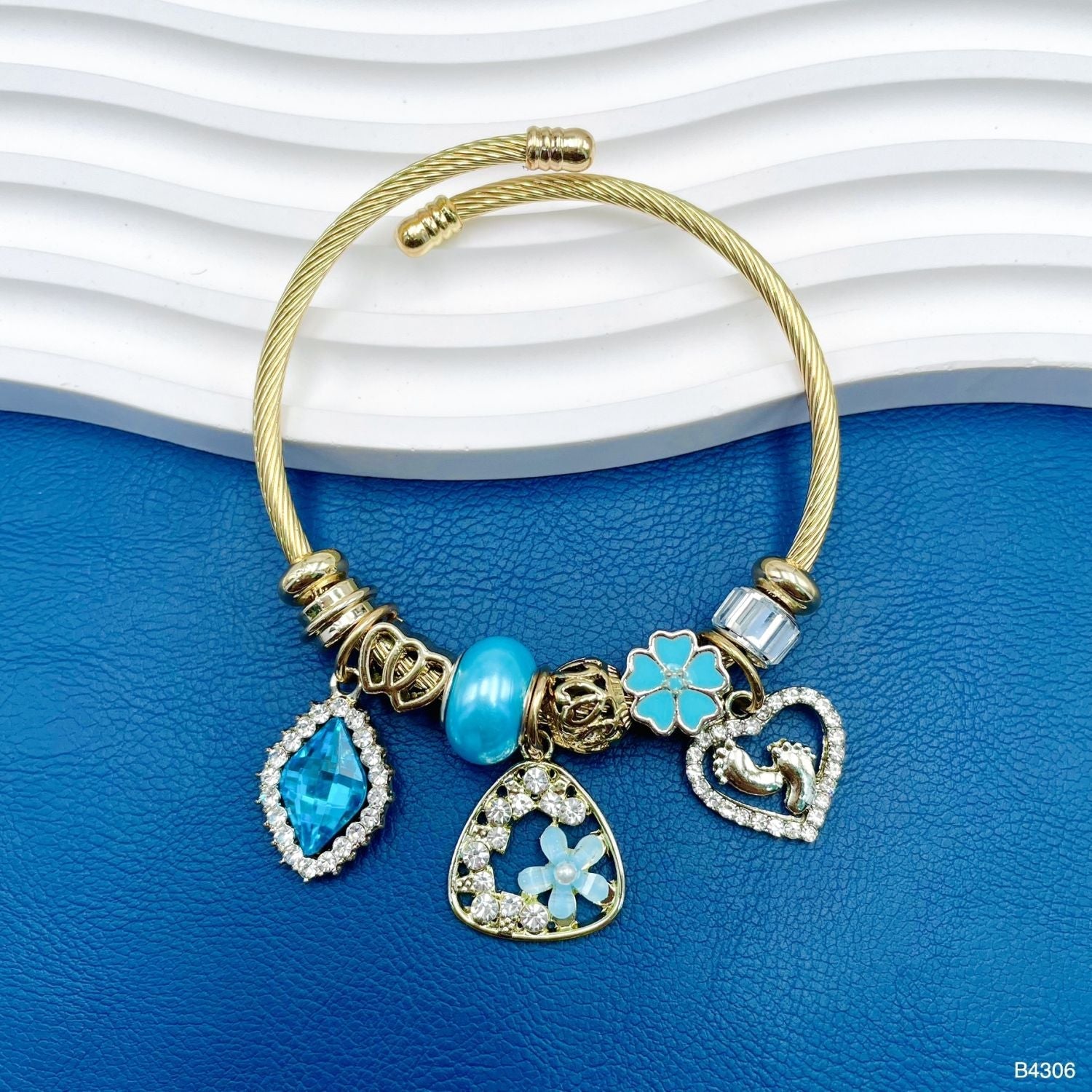 Heart Flower Blue Gold Beads CZ Anti Tarnish Charm Bracelet Bulk Main image