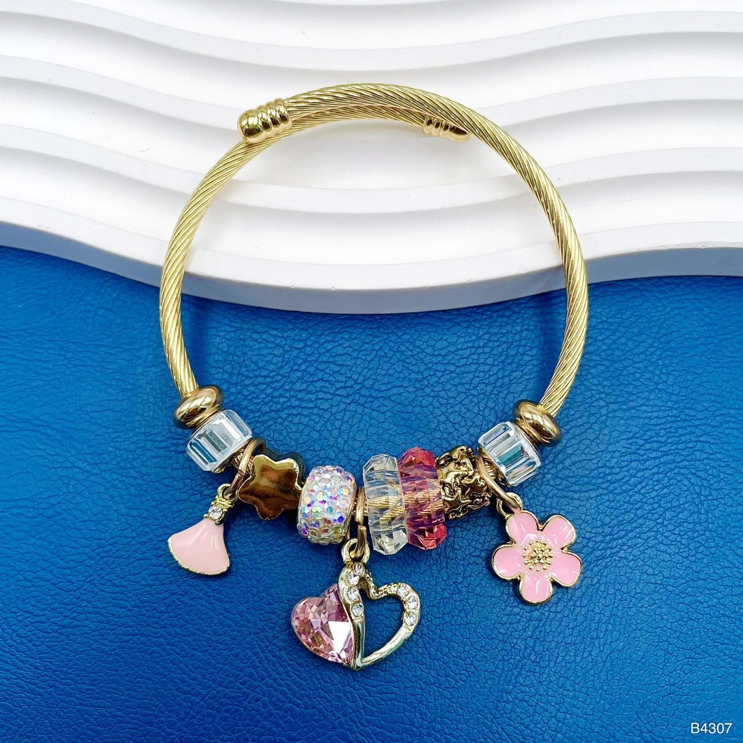Heart Flower Pink Gold Beads CZ Anti Tarnish Charm Bracelet Bulk Main image