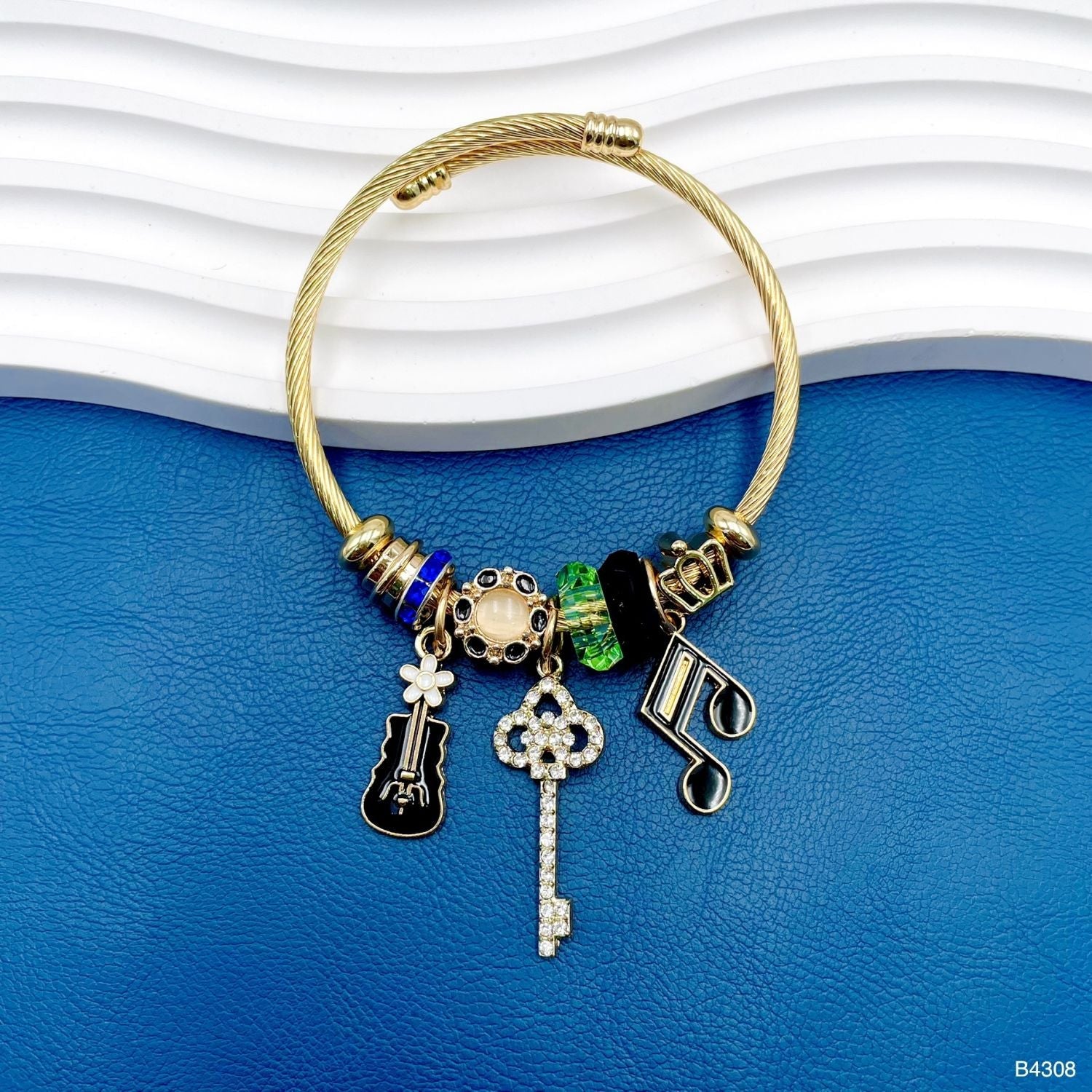 Key Music Black Gold Beads CZ Enamel Anti Tarnish Charm Bracelet Bulk