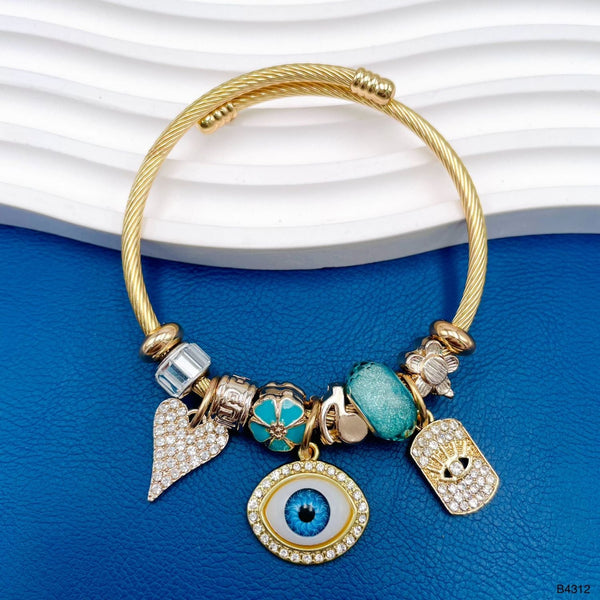 Heart Evil Eye Blue Gold Beads CZ Anti Tarnish Charm Bracelet Bulk Main image