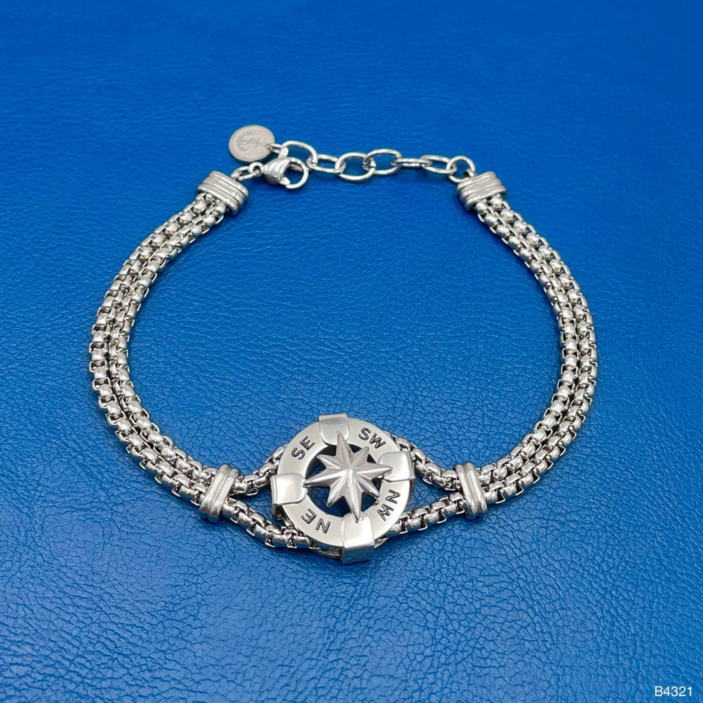 Marine Compas Silver Stainless Steel Anti Tarnish Pupcorn Dual Layer Chain Bracelet For Women