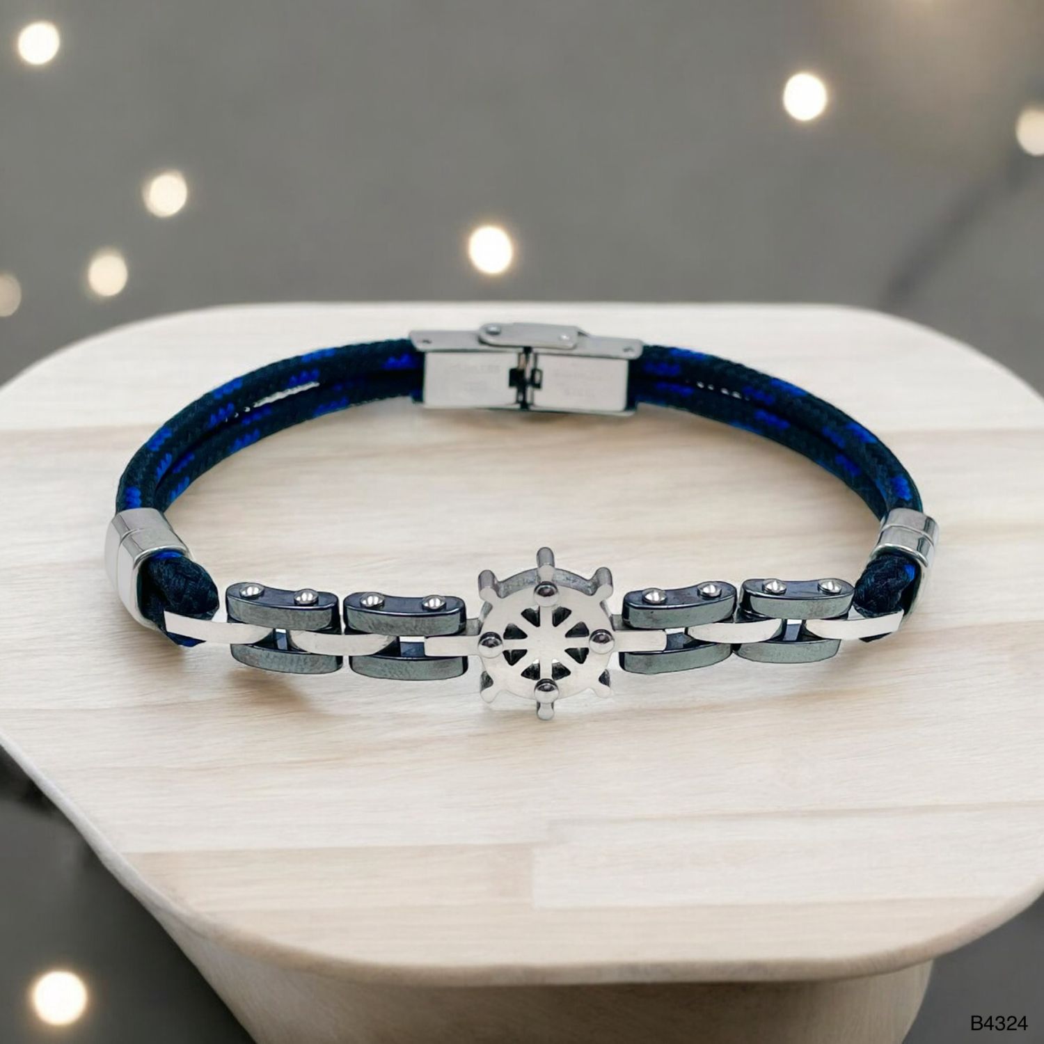 Anchor Wheels Black Silver Stainless Steel Threads Bracelet Men Bulk