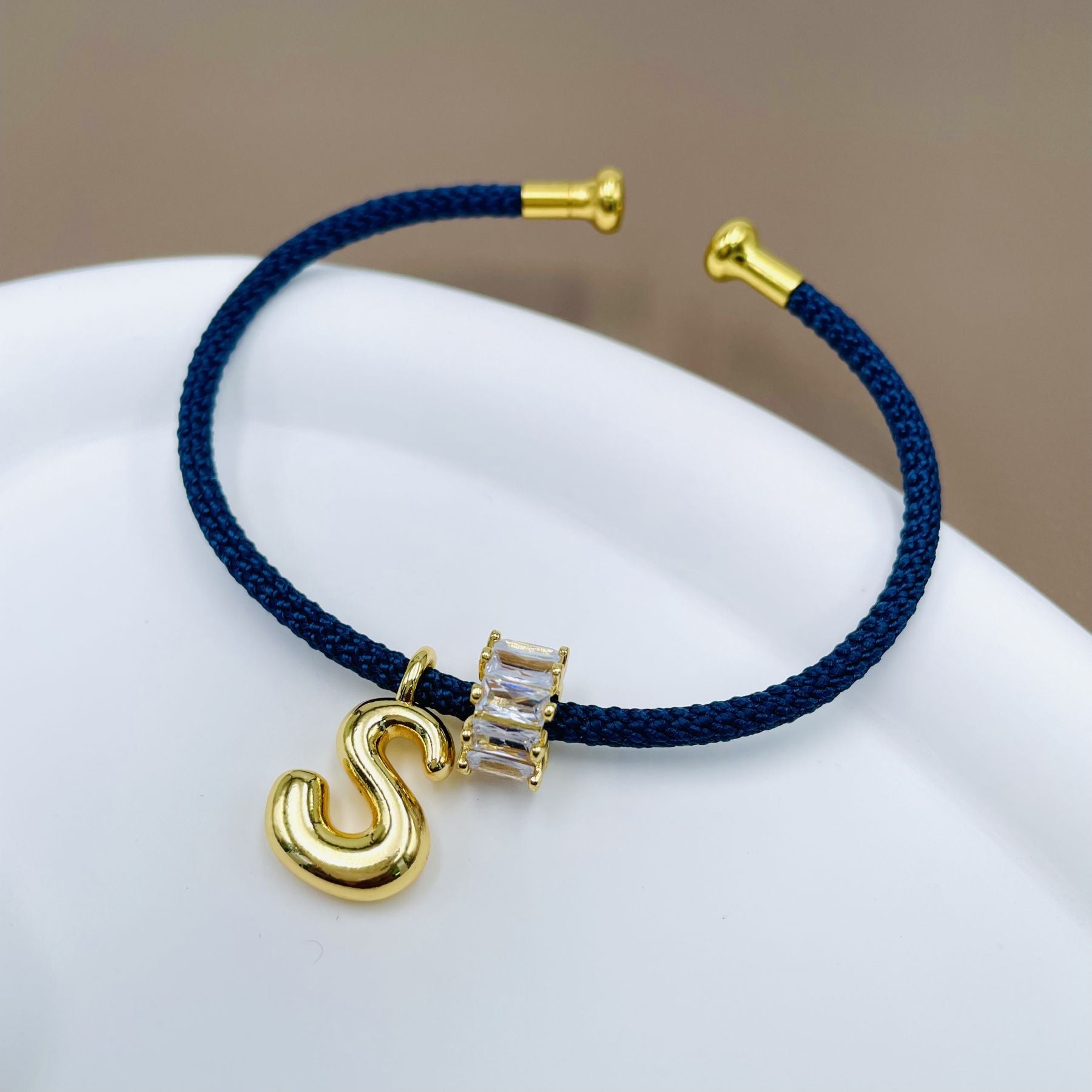 Customized Personalized Initial Letter A Blue 18K Gold Cubic Zirconia Anti Tarnish Charm Cuff Bracelet For Women Main image