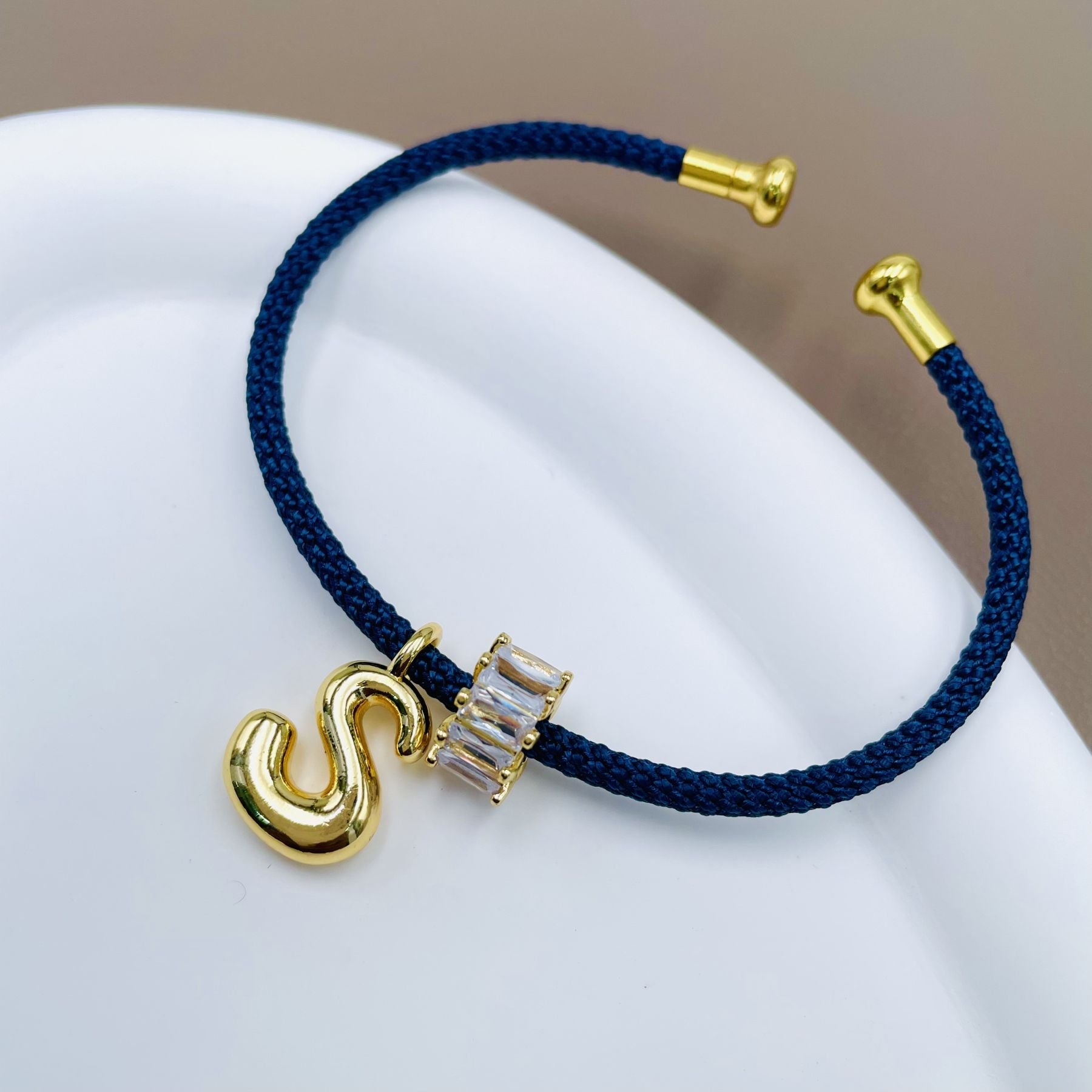 Customized Personalized Initial Letter A Blue 18K Gold Cubic Zirconia Anti Tarnish Charm Cuff Bracelet For Women Secondary image