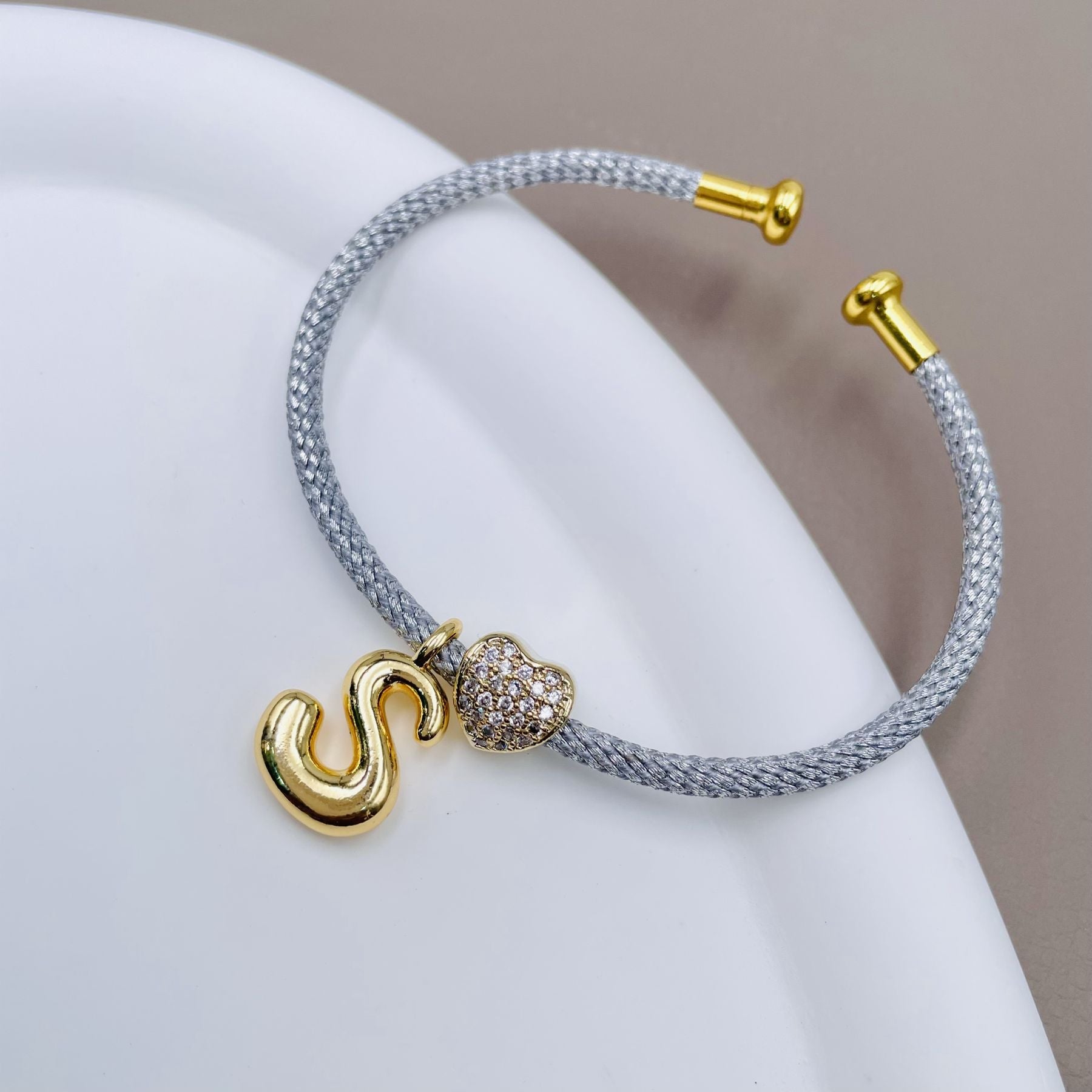 Customized Personalized Initial Letter A Gray 18K Gold Cubic Zirconia Anti Tarnish Charm Cuff Bracelet For Women Main image