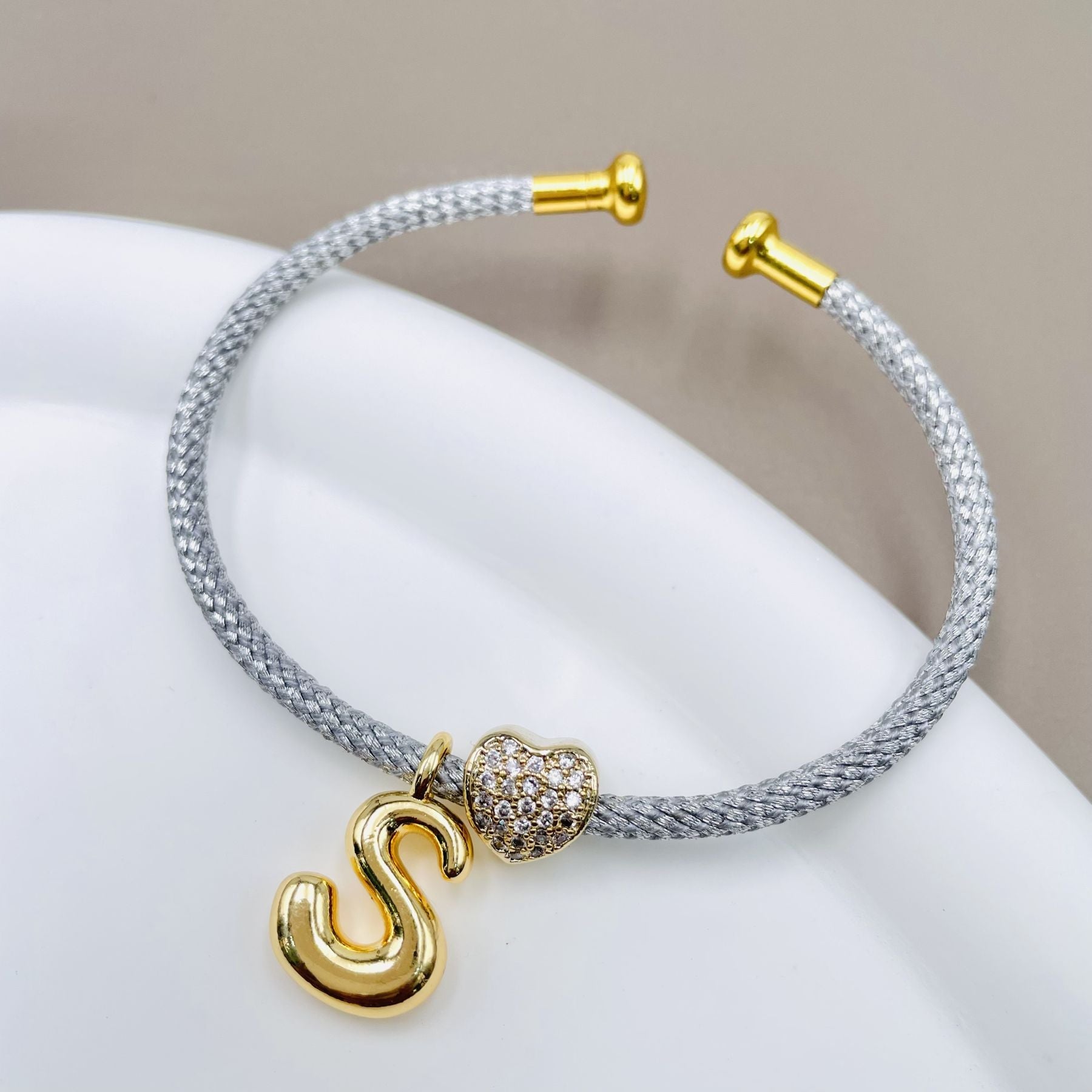 Customized Personalized Initial Letter A Gray 18K Gold Cubic Zirconia Anti Tarnish Charm Cuff Bracelet For Women Secondary image