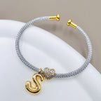 Customized Personalized Initial Letter A Gray 18K Gold Cubic Zirconia Anti Tarnish Charm Cuff Bracelet For Women