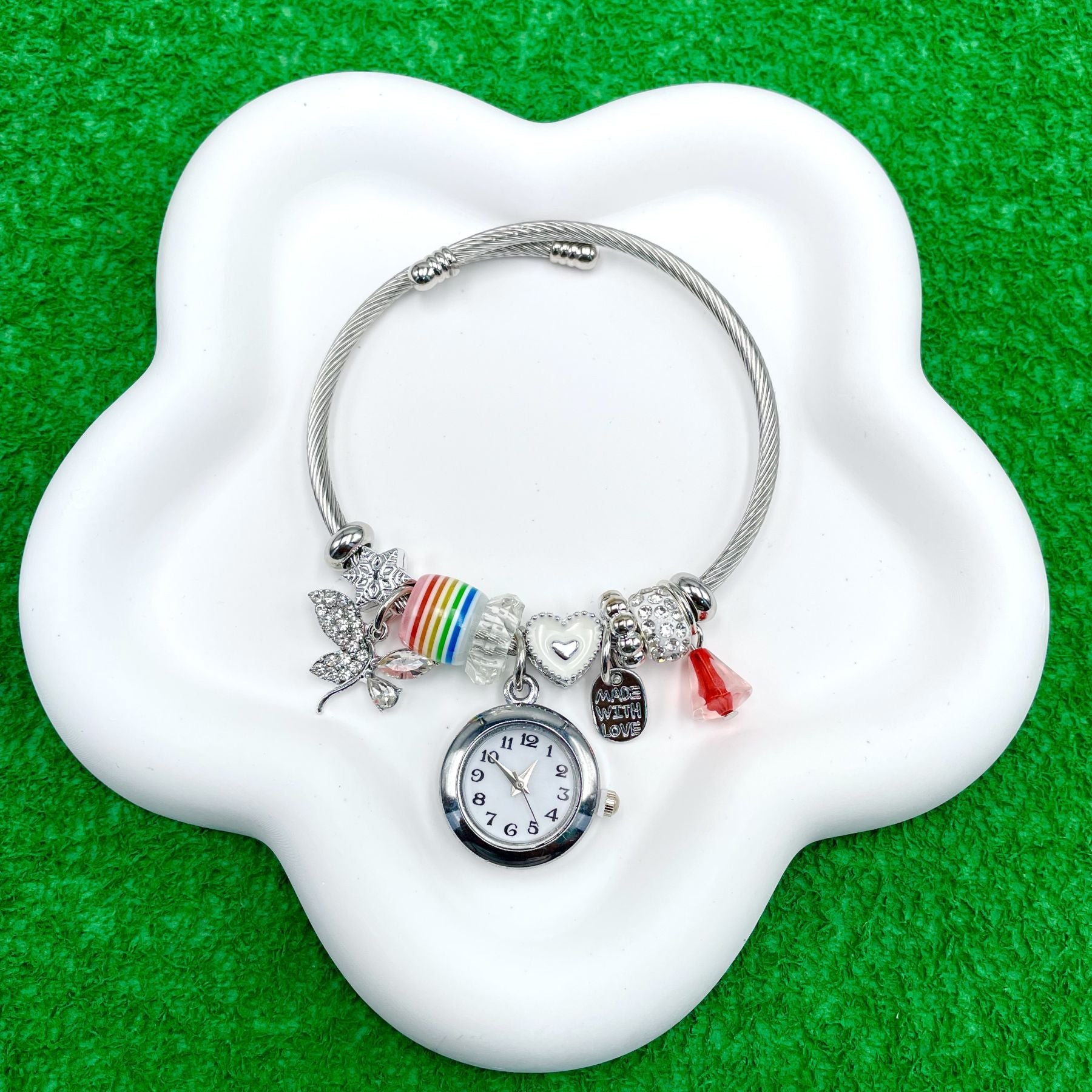 Rainbow Heart Charm Cubic Zirconia Beads Multi Silver Anti Tarnish Watch Kada Bracelet For Women Main image