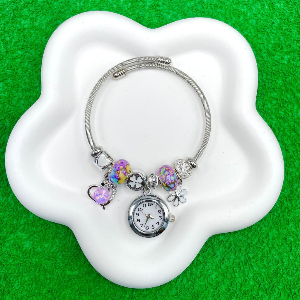 Rainbow Heart Charm Cubic Zirconia Beads Multi Silver Anti Tarnish Watch Kada Bracelet For Women
