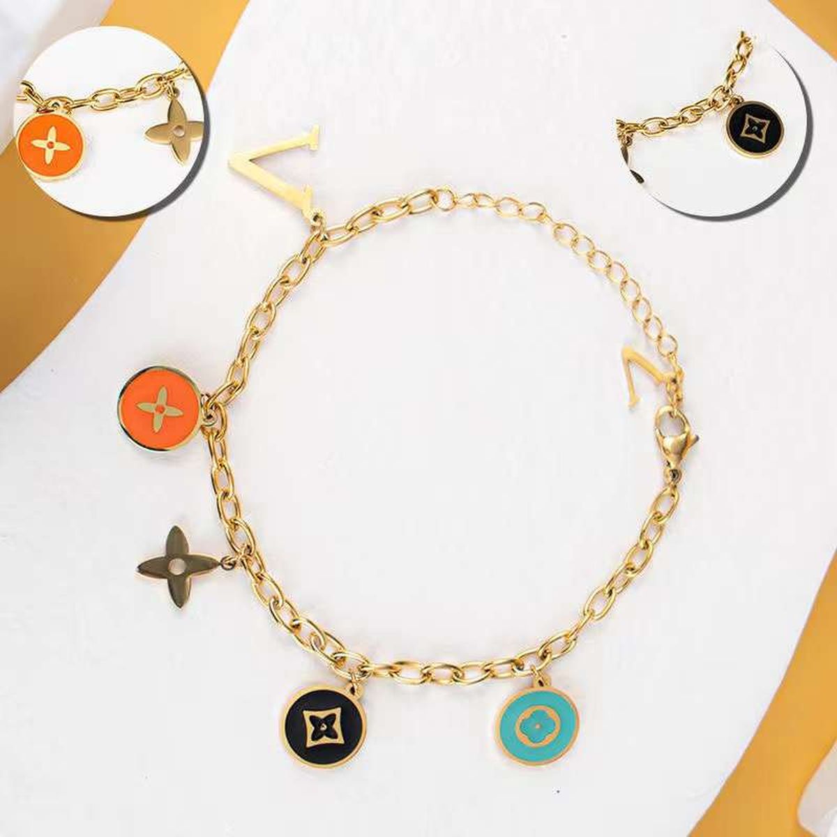 Flower Clover Letter Stainless Steel Enamel Multicolour 18K Gold Anti Tarnish Link Chain Charm Bracelet For Women Main image