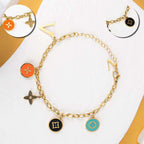 Flower Clover Letter Stainless Steel Enamel Multicolour 18K Gold Anti Tarnish Link Chain Charm Bracelet For Women