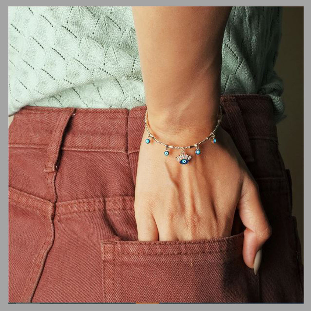 Eyelash Evil Eye Blue 18K Gold Cubic Zirconia Enamel Anti Tarnish Charm Kada Bracelet For Women