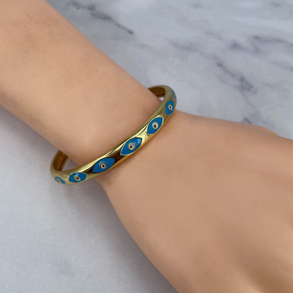Evil Eye Blue 18K Gold Enamel Anti Tarnish Cuff Bracelet Women Bulk