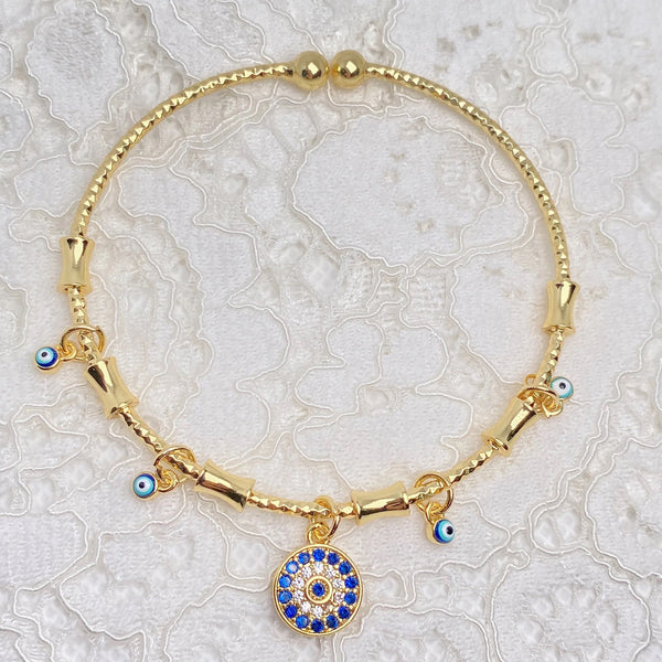 Evil Eye Blue 18K Gold CZ Enamel Anti Tarnish Charm Kada Bracelet Bulk Main image