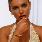 Dented 18K Gold Pearl Cubic Zirconia Anti Tarnish Cuff Bracelet Bulk