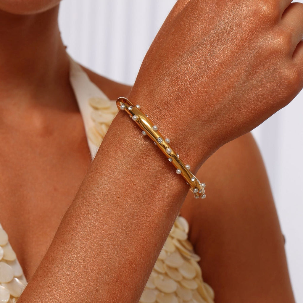Dented 18K Gold Pearl Cubic Zirconia Anti Tarnish Cuff Bracelet Bulk