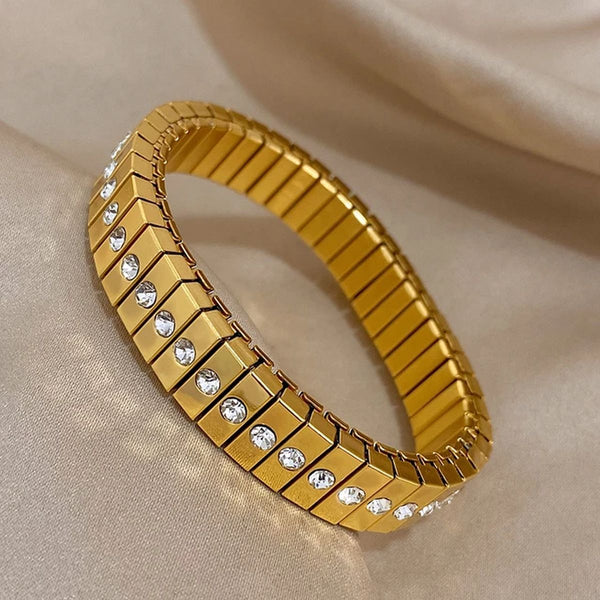 Surface Cubic Zirconia 18K Gold Stainless Steel Anti Tarnish Stretchable Elastic Bracelet For Women Main image